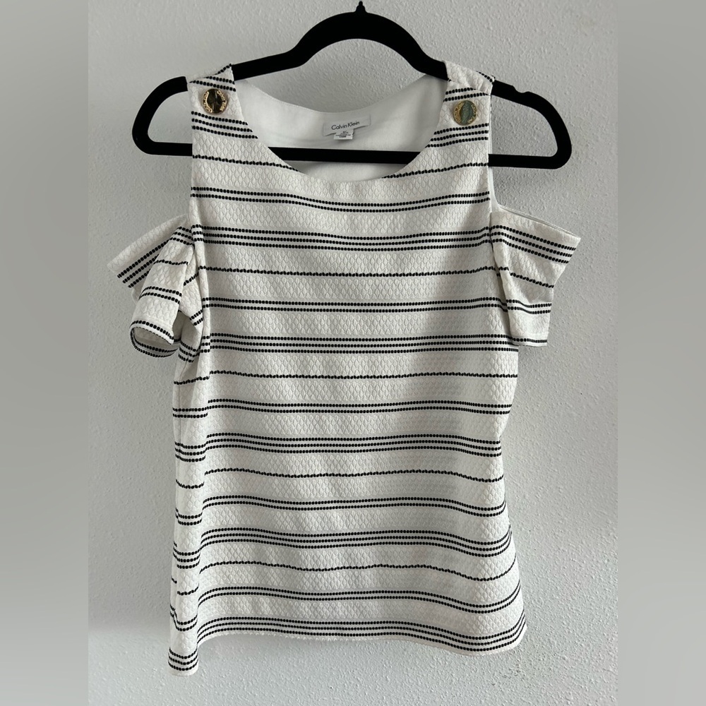Calvin Klein White Tank Top with Black Stripes and Gold Buttons Size Small